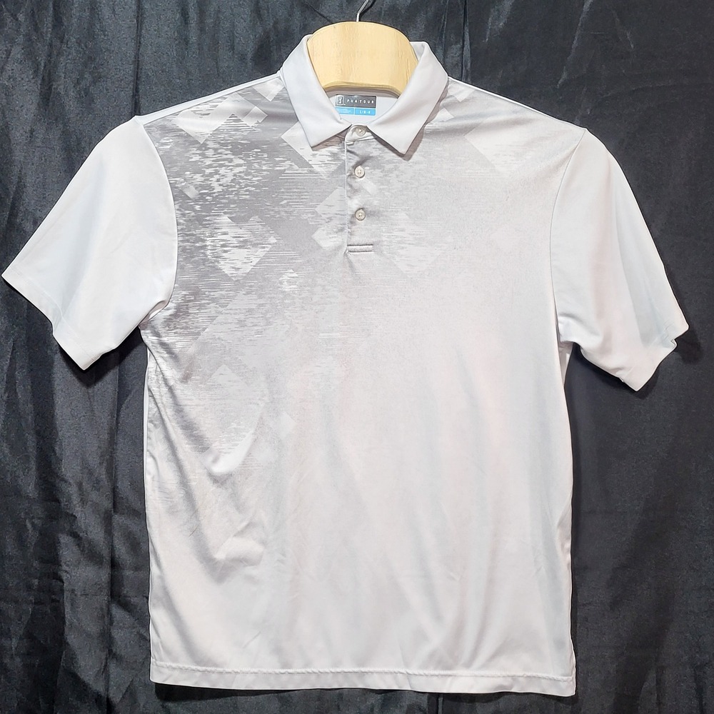 PGA Tour Mens Golf Polo Shirt White Gray Geometric Print Size Large Performance - Picture 1 of 11